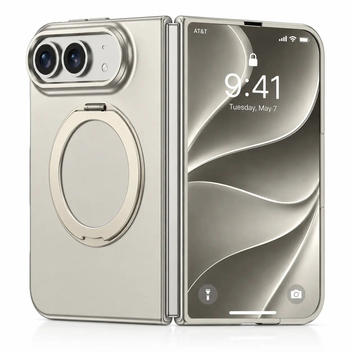 Pale warm gray folding phone case shown from the front and rear #color_Titanium Gray