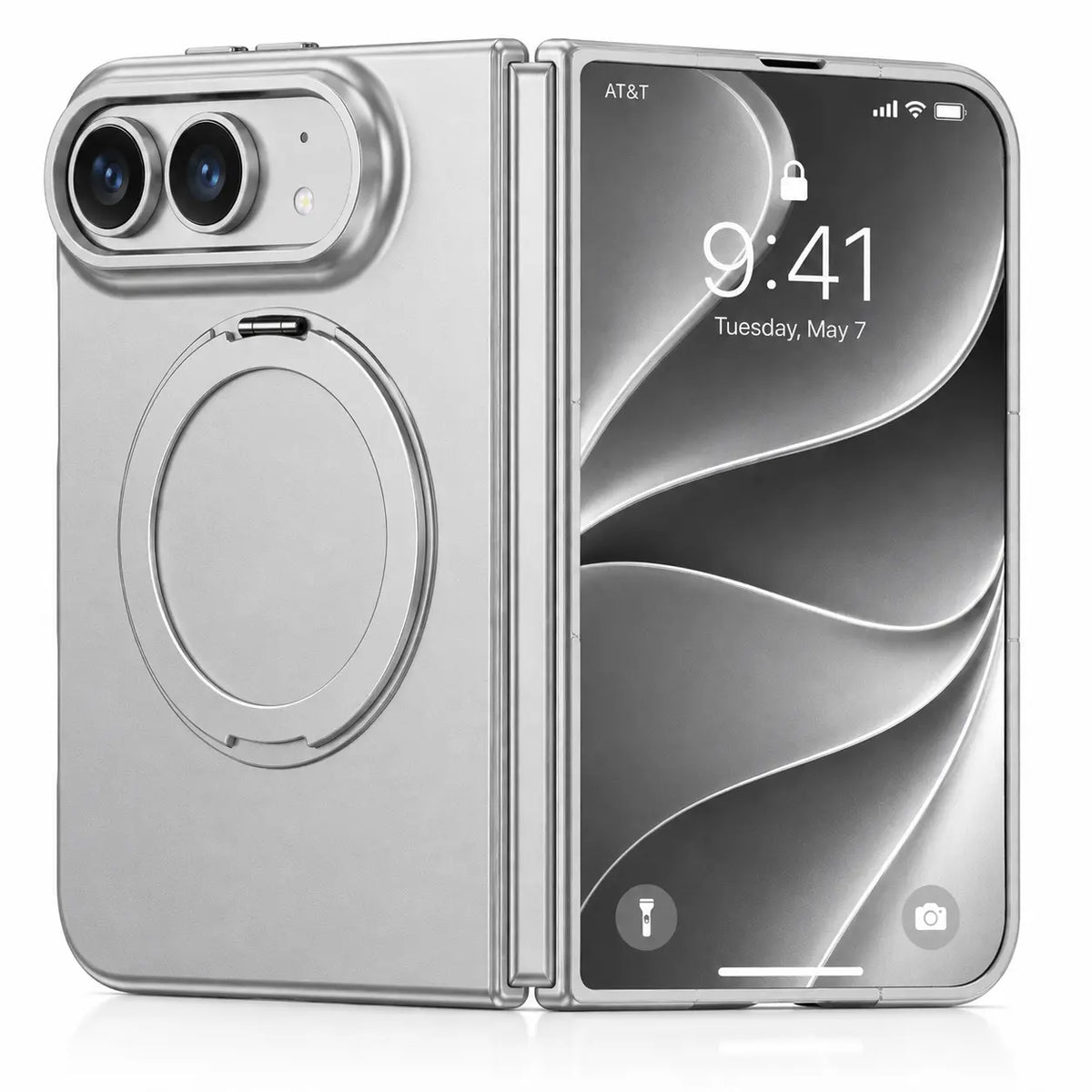 Silver folding phone case with hinge protection and a magnetic ring #color_Silver Mist