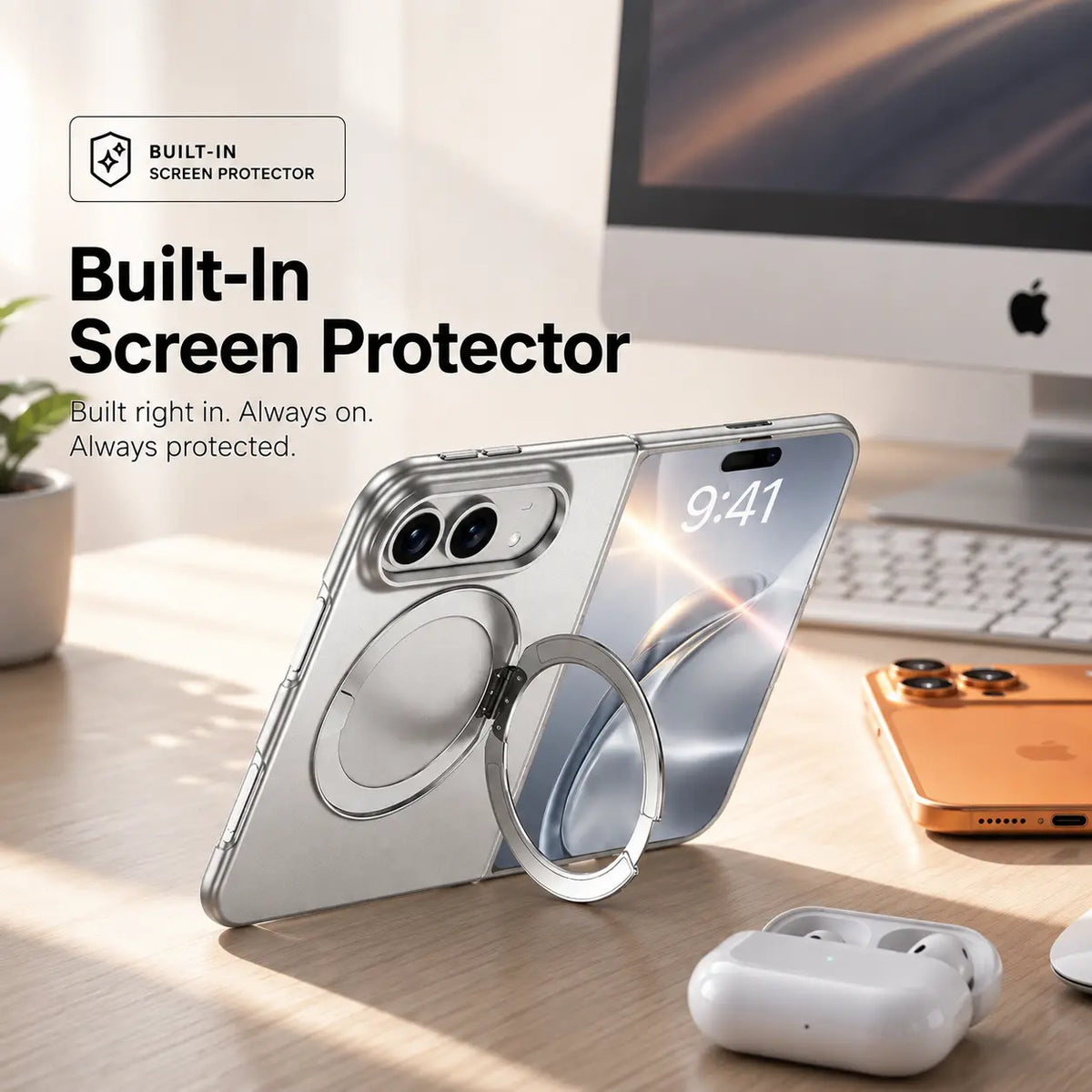 Silver folding phone case shown from the front and rear with its ring stand open #color_Silver Mist