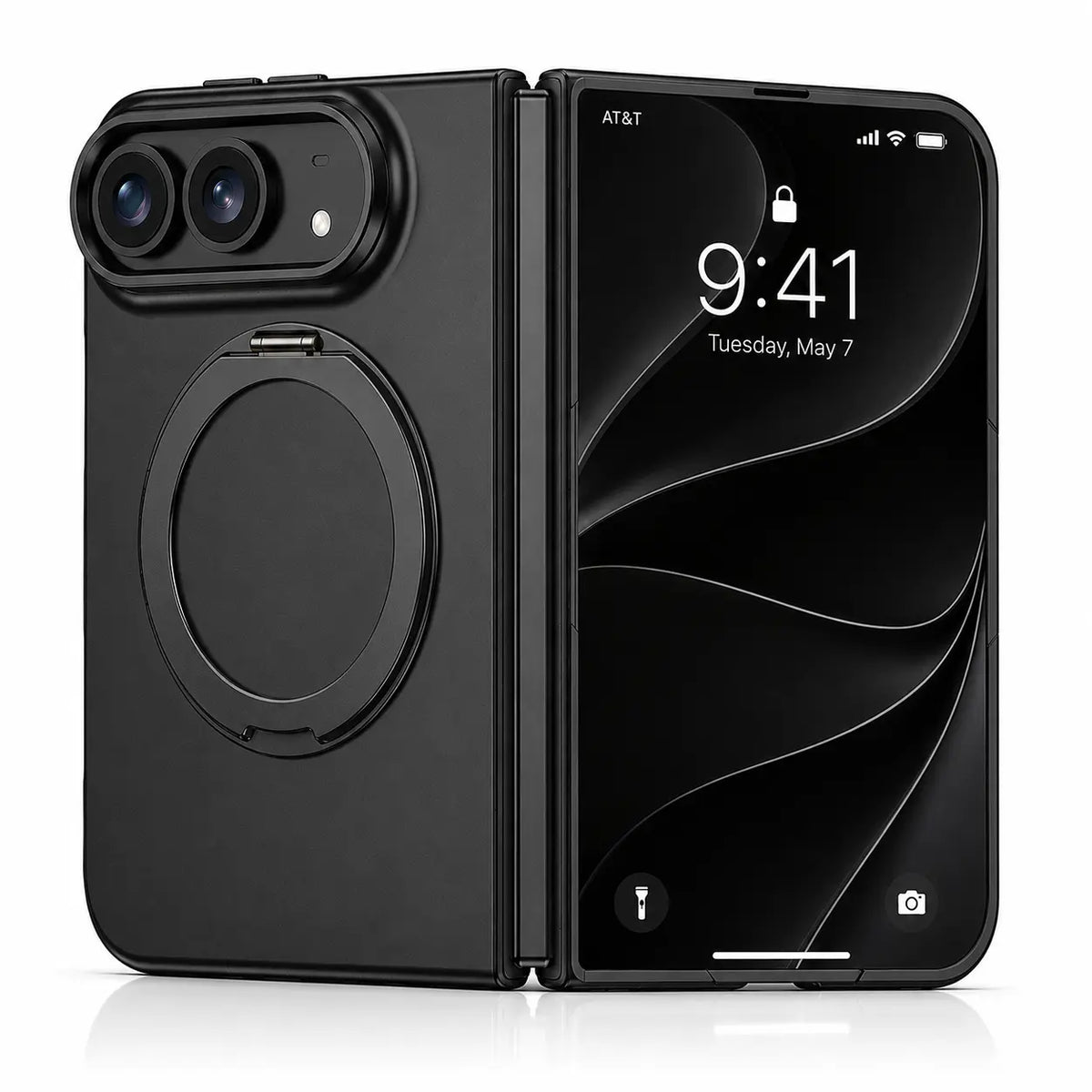 Black magnetic folding phone case with a rotating ring stand #color_Midnight Black