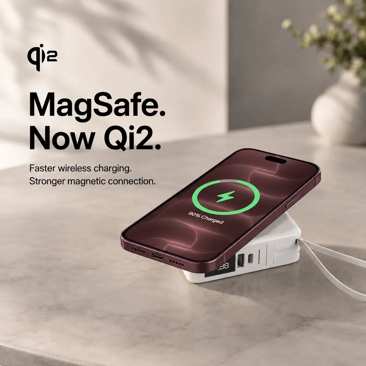 Arctic White travel power bank charging a Burgundy phone magnetically. #color_Arctic White