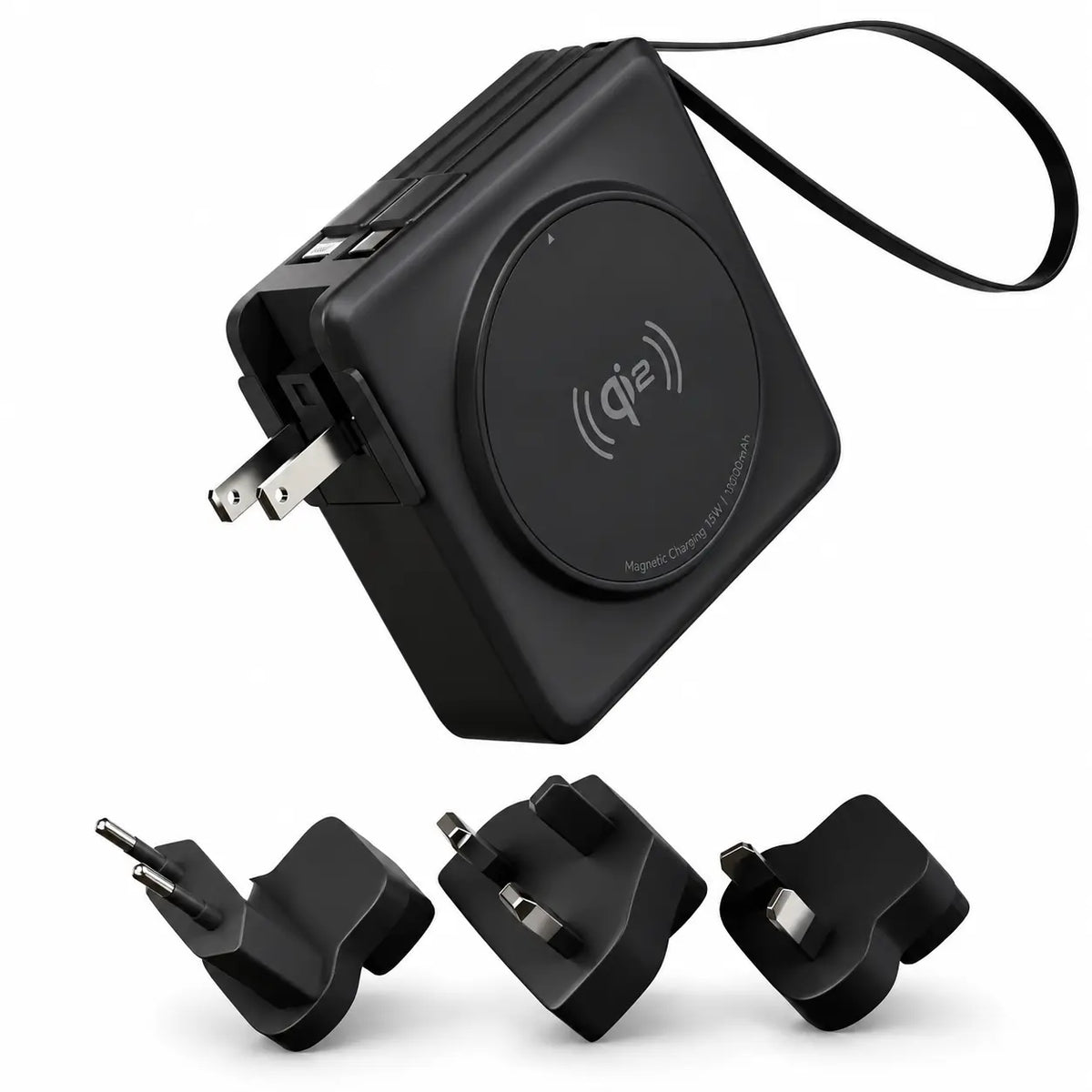 Midnight Black travel power bank with interchangeable travel plugs #color_Midnight Black
