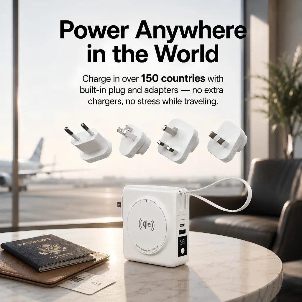 Arctic White travel power bank with international plug adapters #color_Arctic White