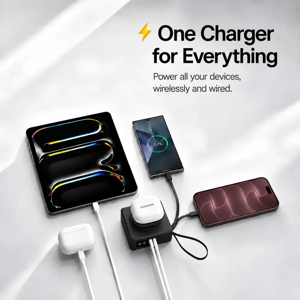 Midnight Black travel power bank charging several devices. #color_Midnight Black