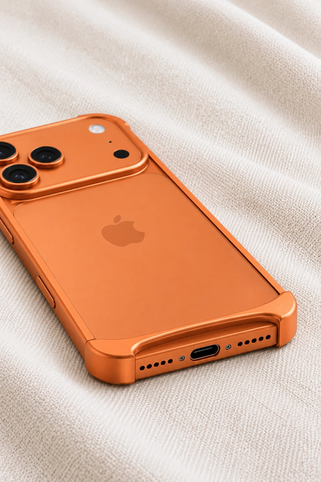 Close-up of an orange open-back phone bumper with curved corner guards and an accessible charging port.