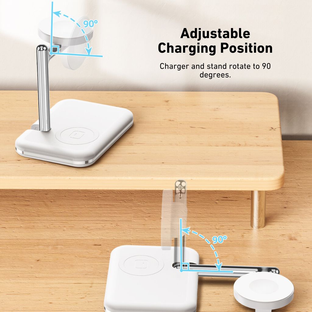 2-in-1 wireless charger for Apple Watch and AirPods, fast charging station, compact and portable, foldable design, adjustable angles, compatible with Apple Watch Ultra, Series 8, 7, 6, 5, 4, 3, 2, SE, and AirPods Pro, Pro 2, 3, 2, Type-C input, overcharge protection, for desk and travel use.