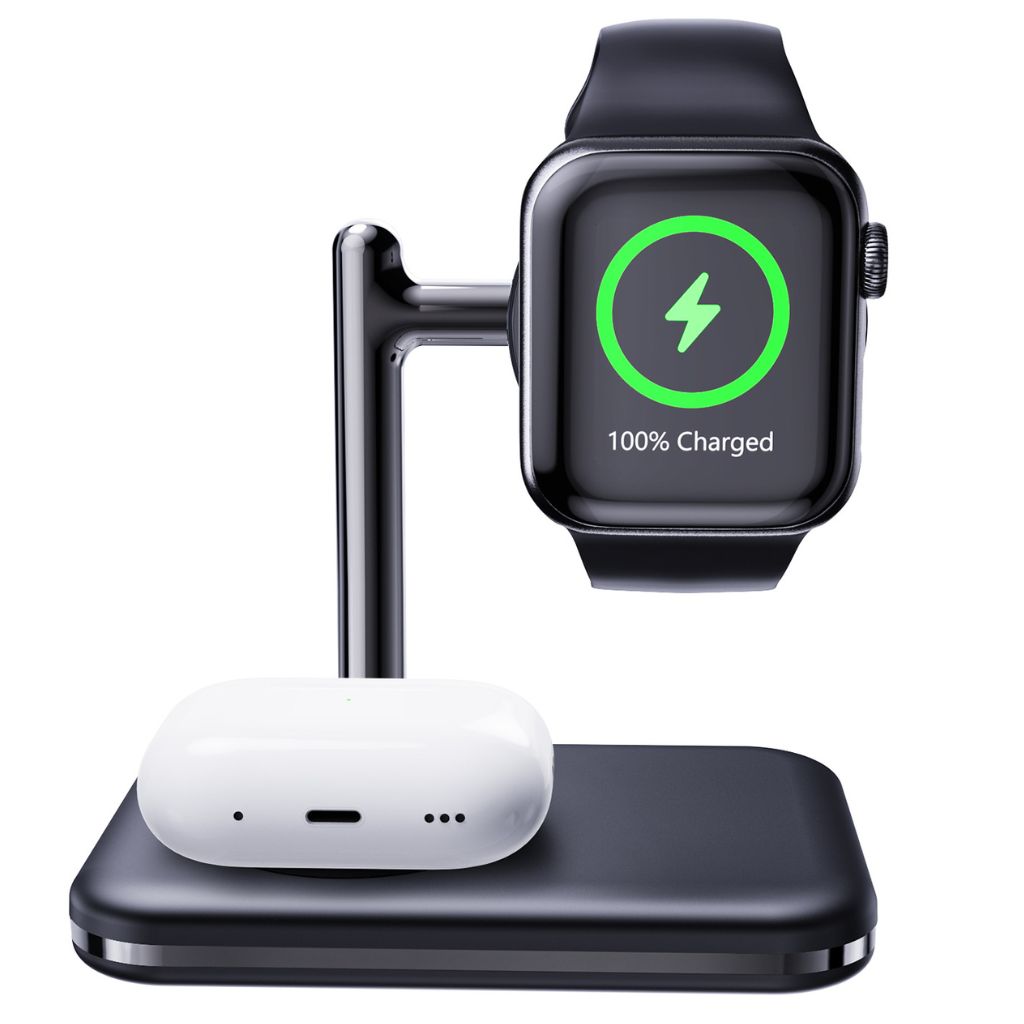 2-in-1 wireless charger for Apple Watch and AirPods, fast charging station, compact and portable, foldable design, adjustable angles, compatible with Apple Watch Ultra, Series 8, 7, 6, 5, 4, 3, 2, SE, and AirPods Pro, Pro 2, 3, 2, Type-C input, overcharge protection, for desk and travel use.