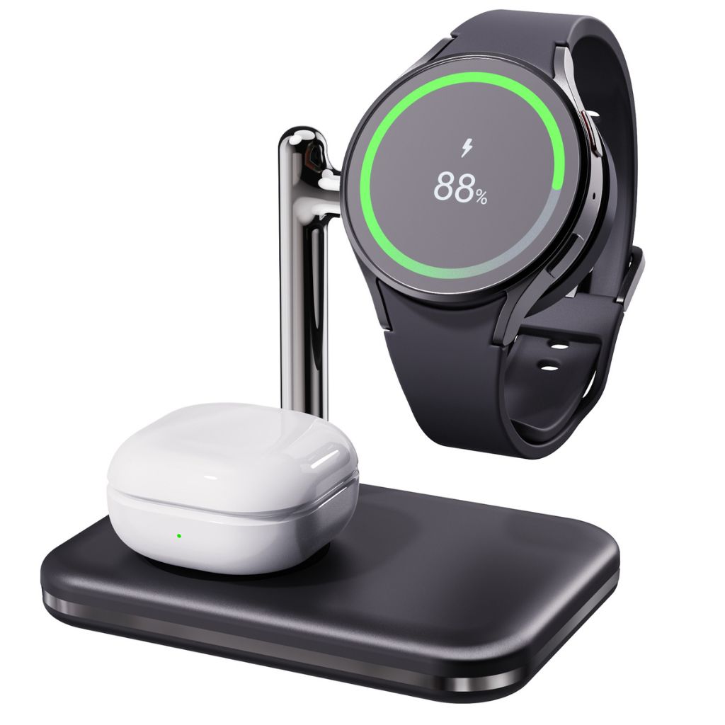 2-in-1 wireless charger for Samsung Galaxy Watch and Buds, fast charging station, compact and portable, foldable design, adjustable angles, compatible with Galaxy Watch 5, 5 Pro, 4, 4 Classic, 3, 3 Classic, Active 2, Active 1, and Galaxy Buds 2, 2 Pro, Pro, Live, Type-C input, overcharge protection, suitable for desk and travel use.