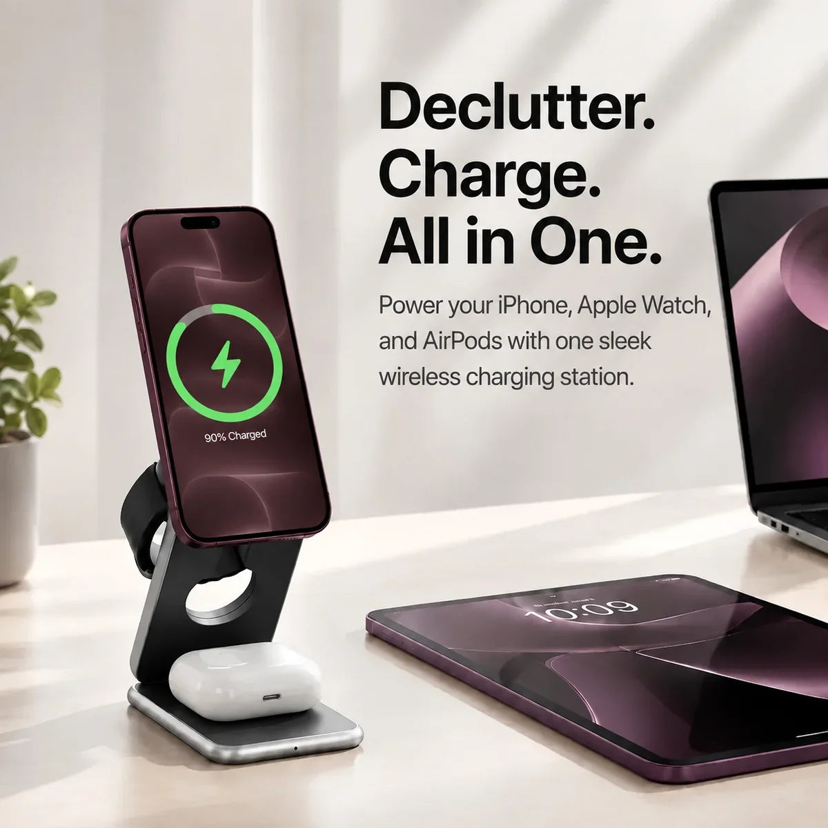 Compact MagSafe travel charging station that folds flat for easy packing.