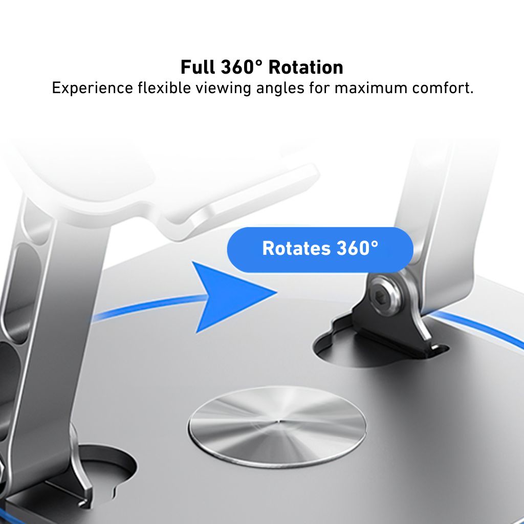 Laptop Stand with 360° swivel for laptops and tablets up to 17 inches. Features a foldable, ergonomic design, non-slip silicone pads for stability, and open structure for heat dissipation. Ideal for enhancing productivity and comfortable viewing angles.