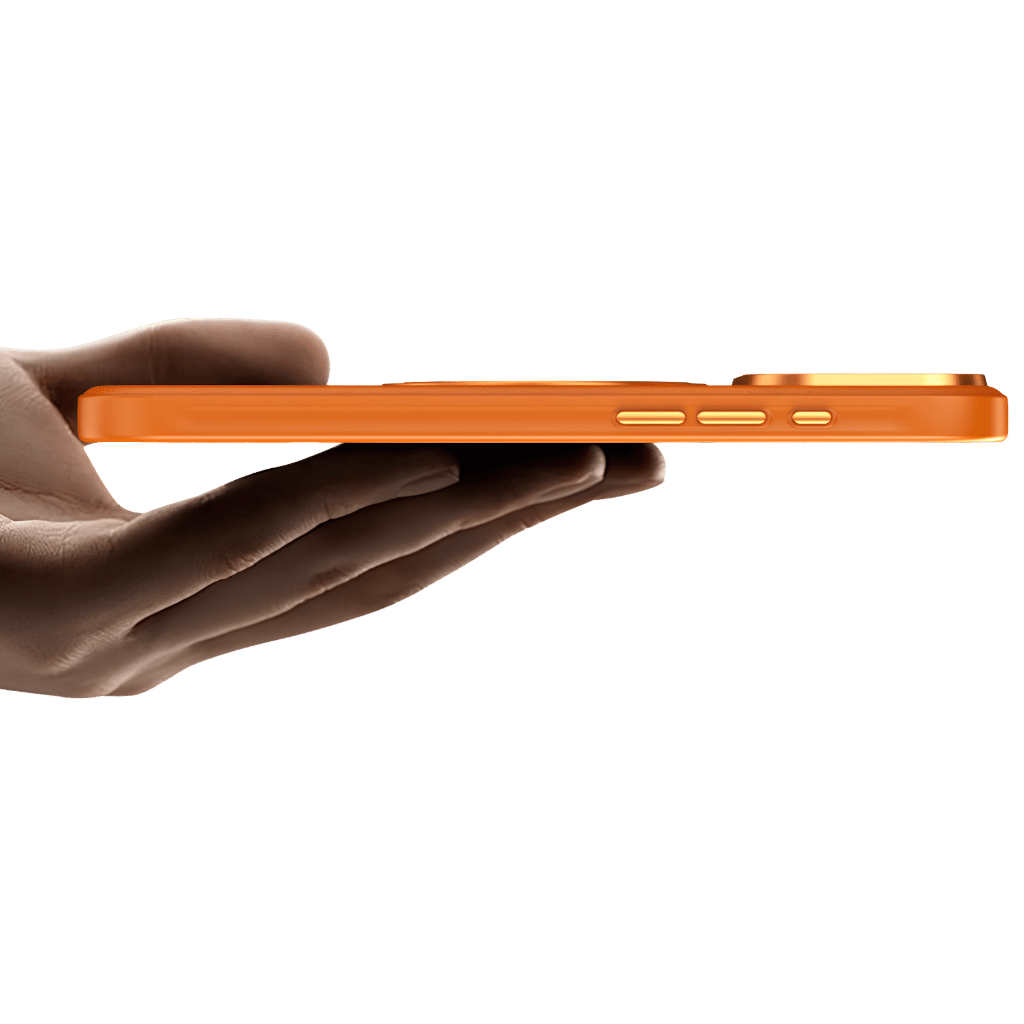 Slim side profile of a cosmic orange MagCase Stand leather iPhone case