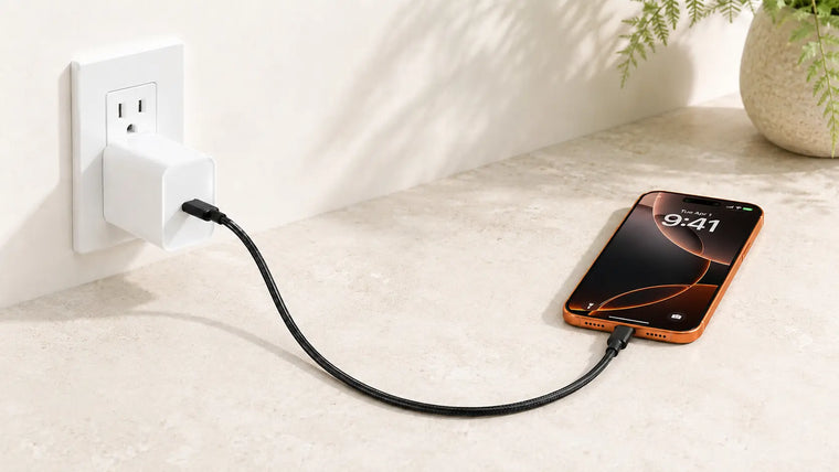 45W USB-C fast charger power adapter charging an iPhone