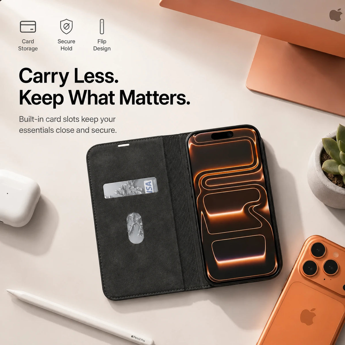 Black leather folio phone case opened to show card slots on a desk #color_Midnight Black