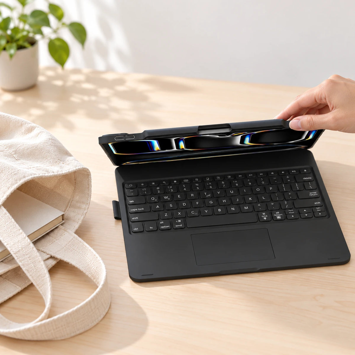 Hand lowering the original tablet holder toward its keyboard for packing.