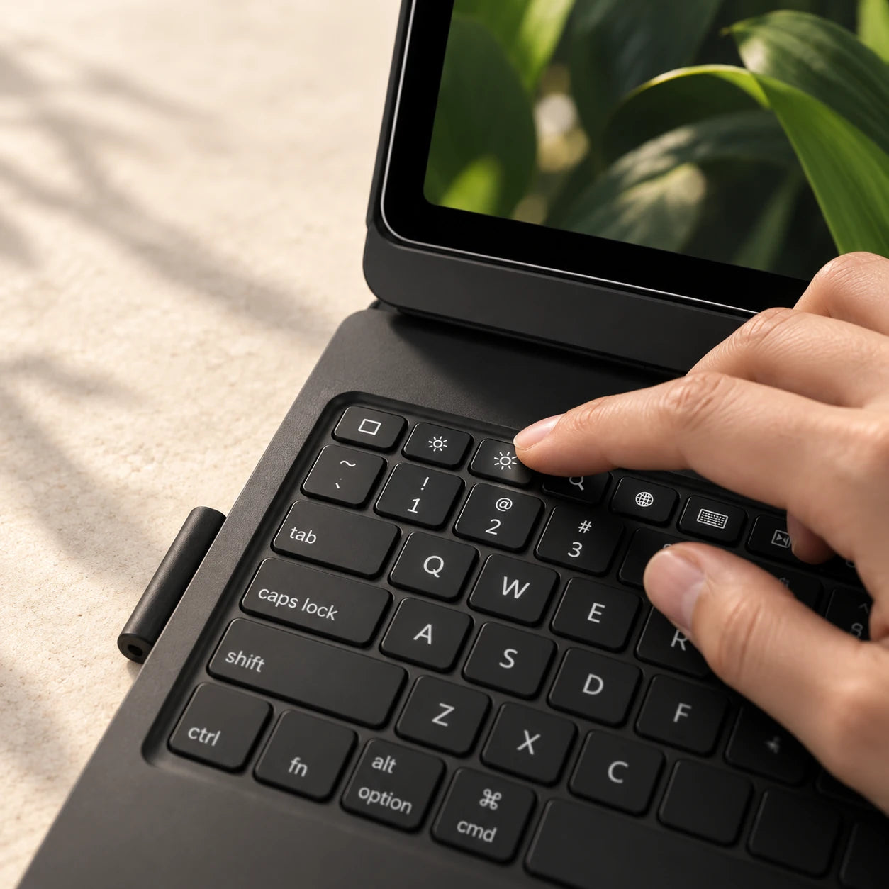 Hand pressing a shortcut key on the top row of a black tablet keyboard case.