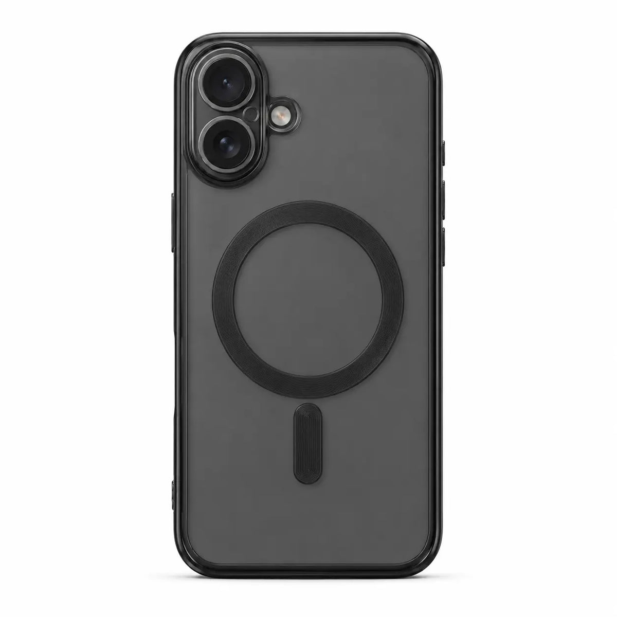 Black tinted magnetic phone case with dual camera openings, shown from the back on white #color_Midnight Black