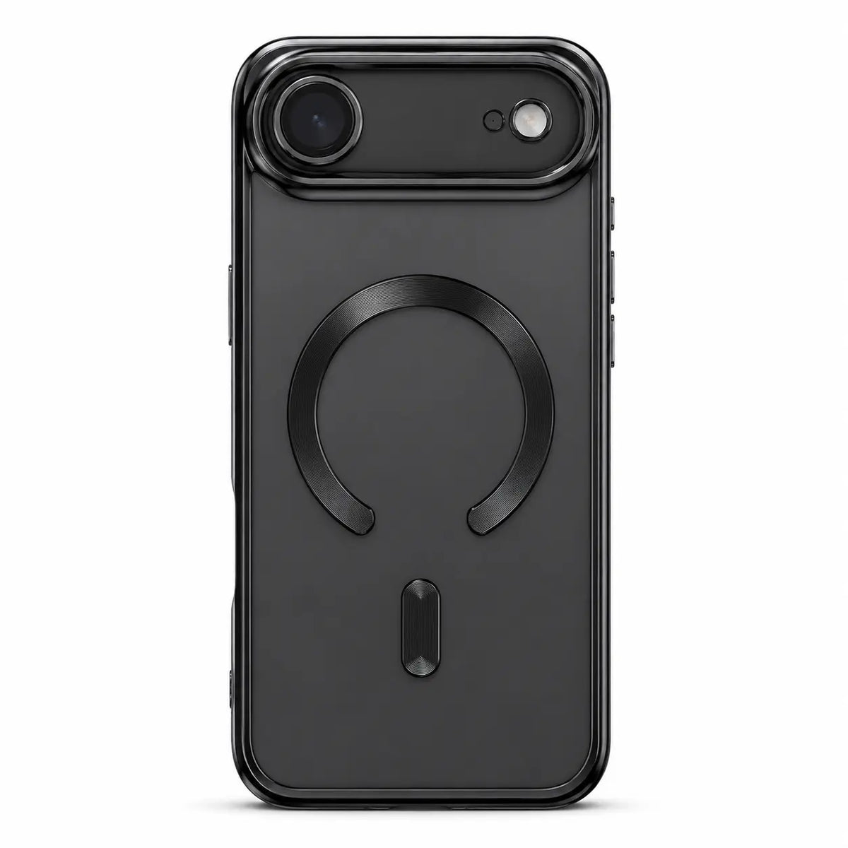 Black tinted magnetic phone case with single camera openings, shown from the back on white #color_Midnight Black