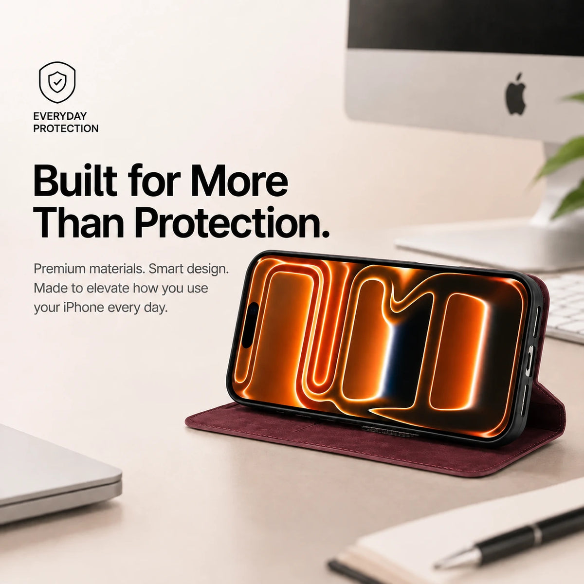 Burgundy leather folio phone case supporting a phone horizontally on a desk #color_Crimson Red