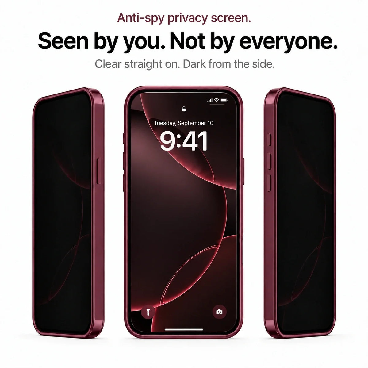 Burgundy metal frame phone case showing the privacy screen from three angles #color_Burgundy