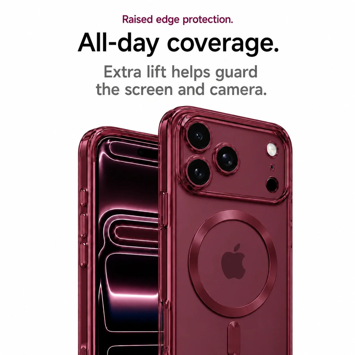 Burgundy clear magnetic phone case showing protective edges from the front and back #color_Burgundy