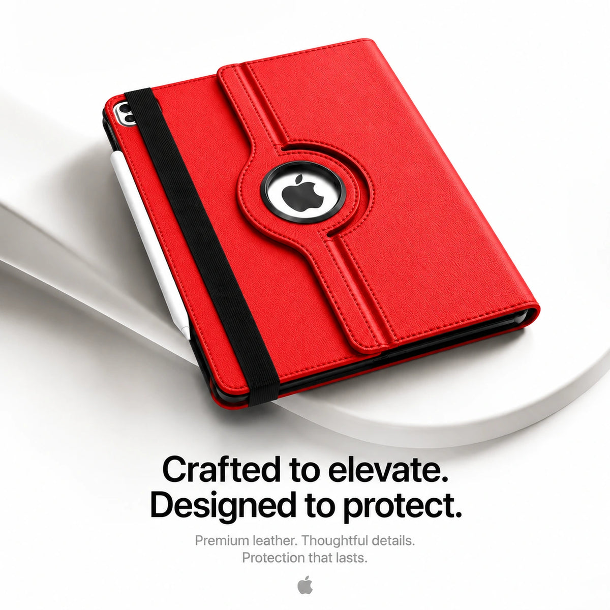 Crimson Red rotating tablet folio case closed on a display plinth #color_Crimson Red