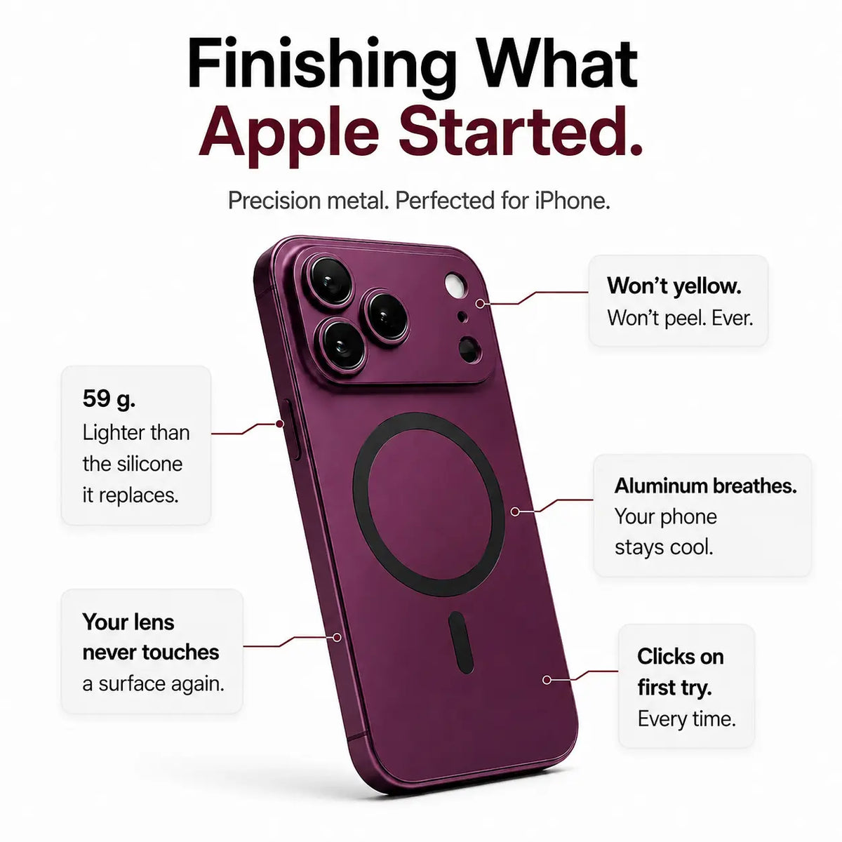 Burgundy metal magnetic phone case surrounded by feature labels on a white background #color_Burgundy