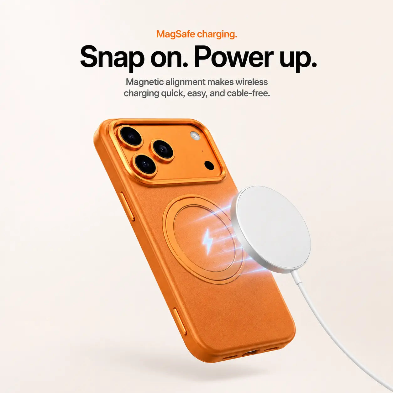 Orange leather MagSafe iPhone case attached to a magnetic wireless charger