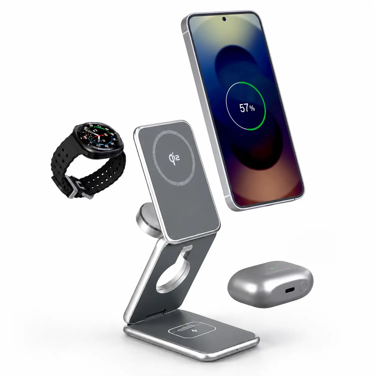 Foldable Galaxy charging station with adjustable phone and watch charging