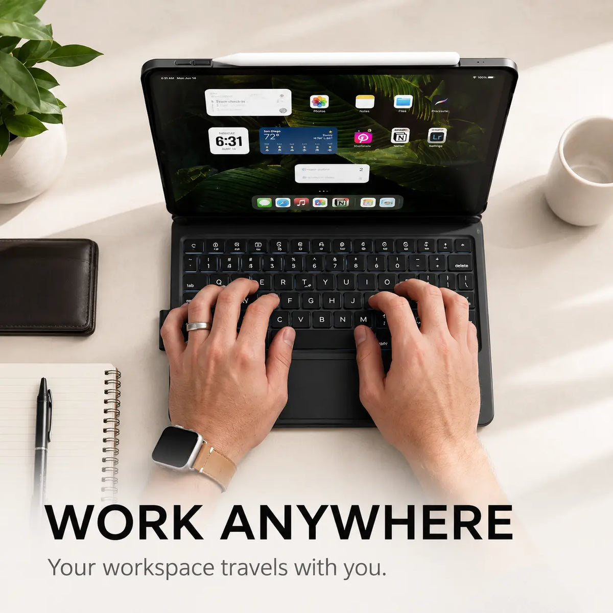 Midnight Black rotating tablet keyboard case used for typing at a desk #color_Midnight Black