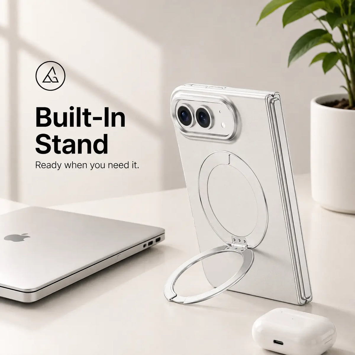 Silver folding phone case propped upright on its open ring stand #color_Silver Mist
