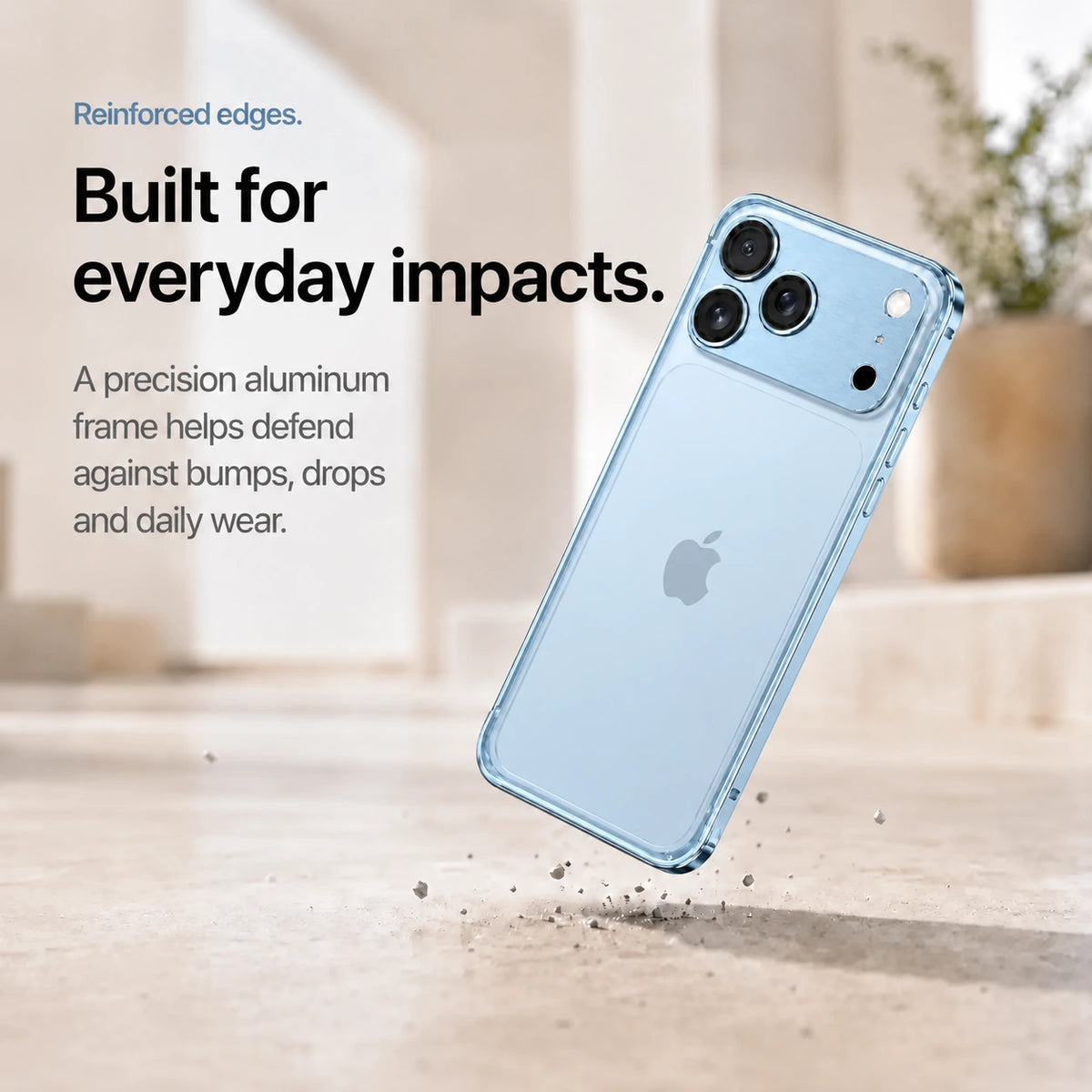 Glacier aluminum frame phone case demonstrating its reinforced frame during a drop #color_Glacier