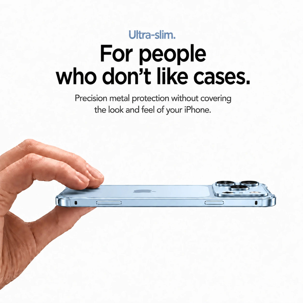 Glacier aluminum frame phone case held sideways showing its slim profile #color_Glacier