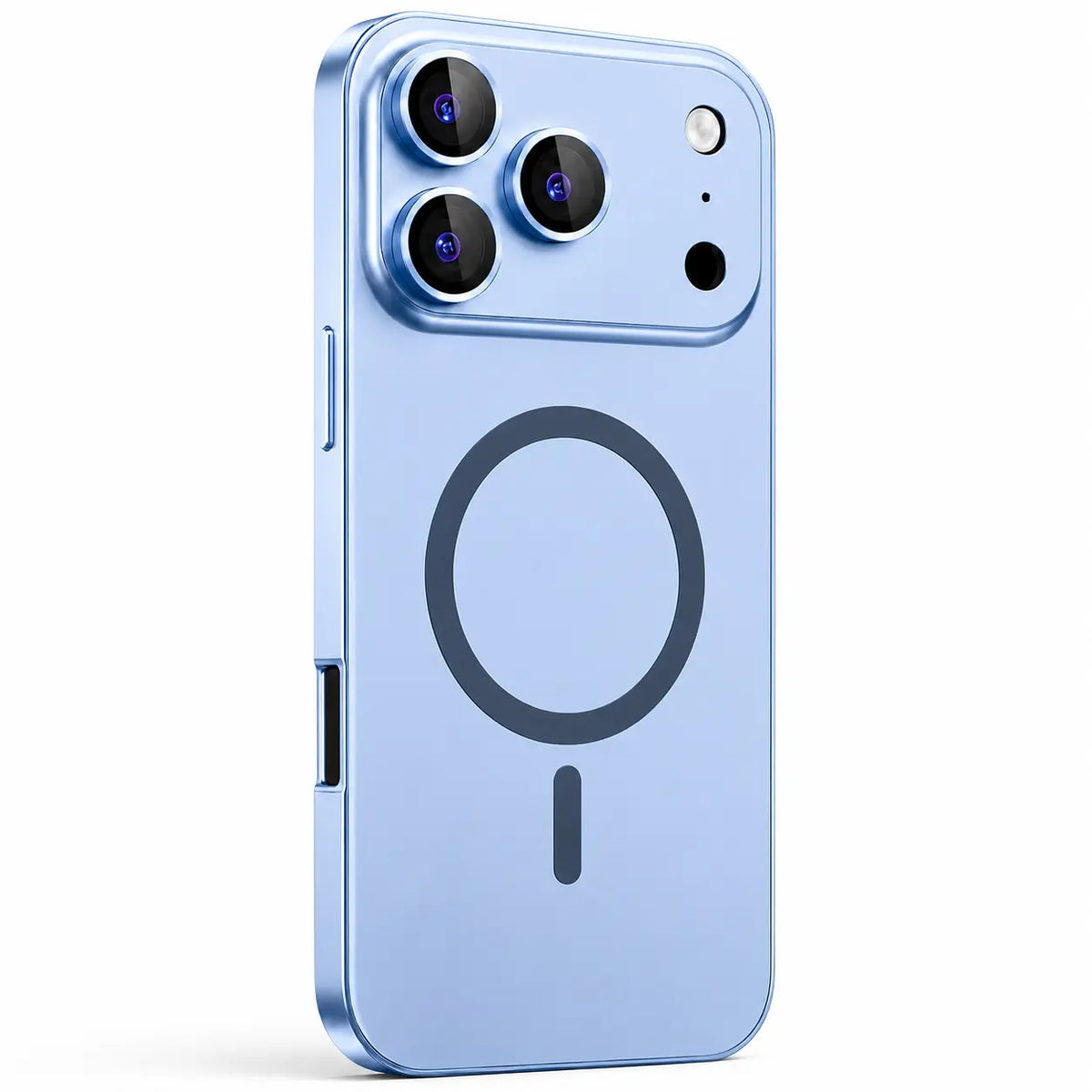 Glacier metal magnetic phone case with a wide camera surround, shown from the rear on white #color_Glacier