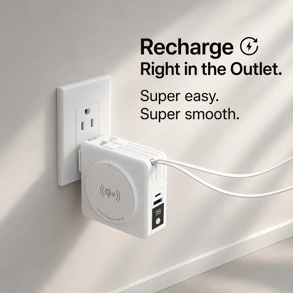 Arctic White travel power bank recharging from a wall outlet #color_Arctic White