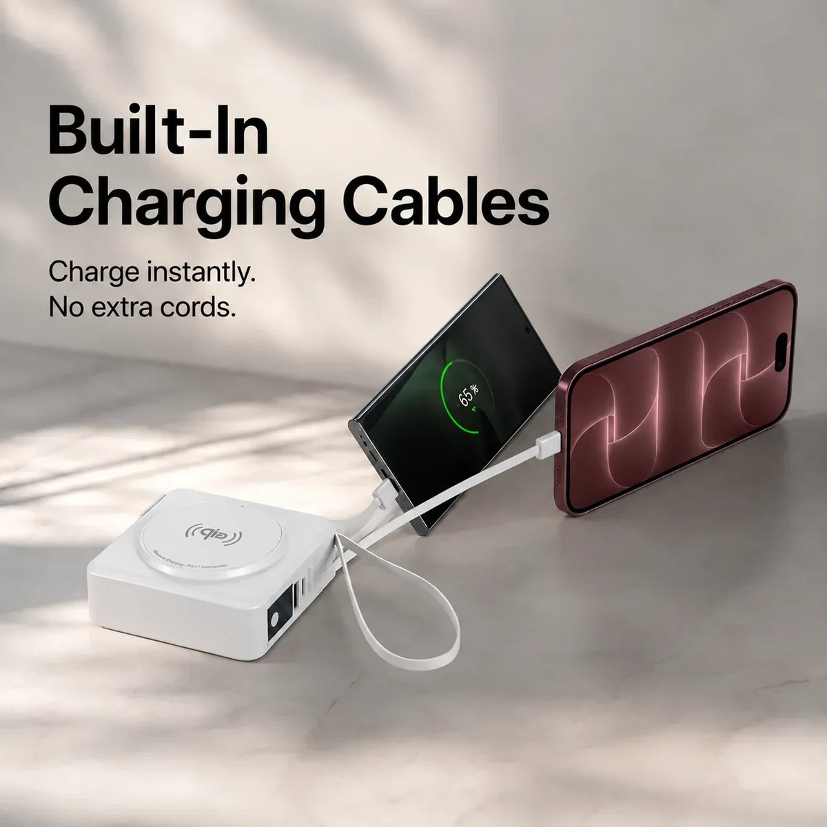 Arctic White travel power bank using built in charging cables. #color_Arctic White