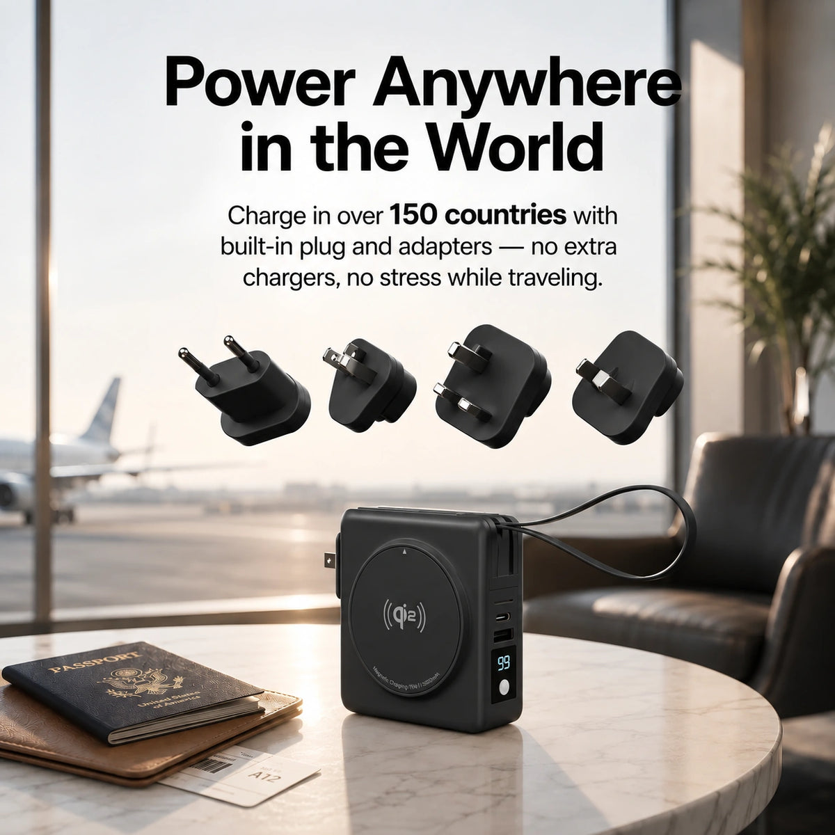 Midnight Black travel power bank with international plug adapters #color_Midnight Black