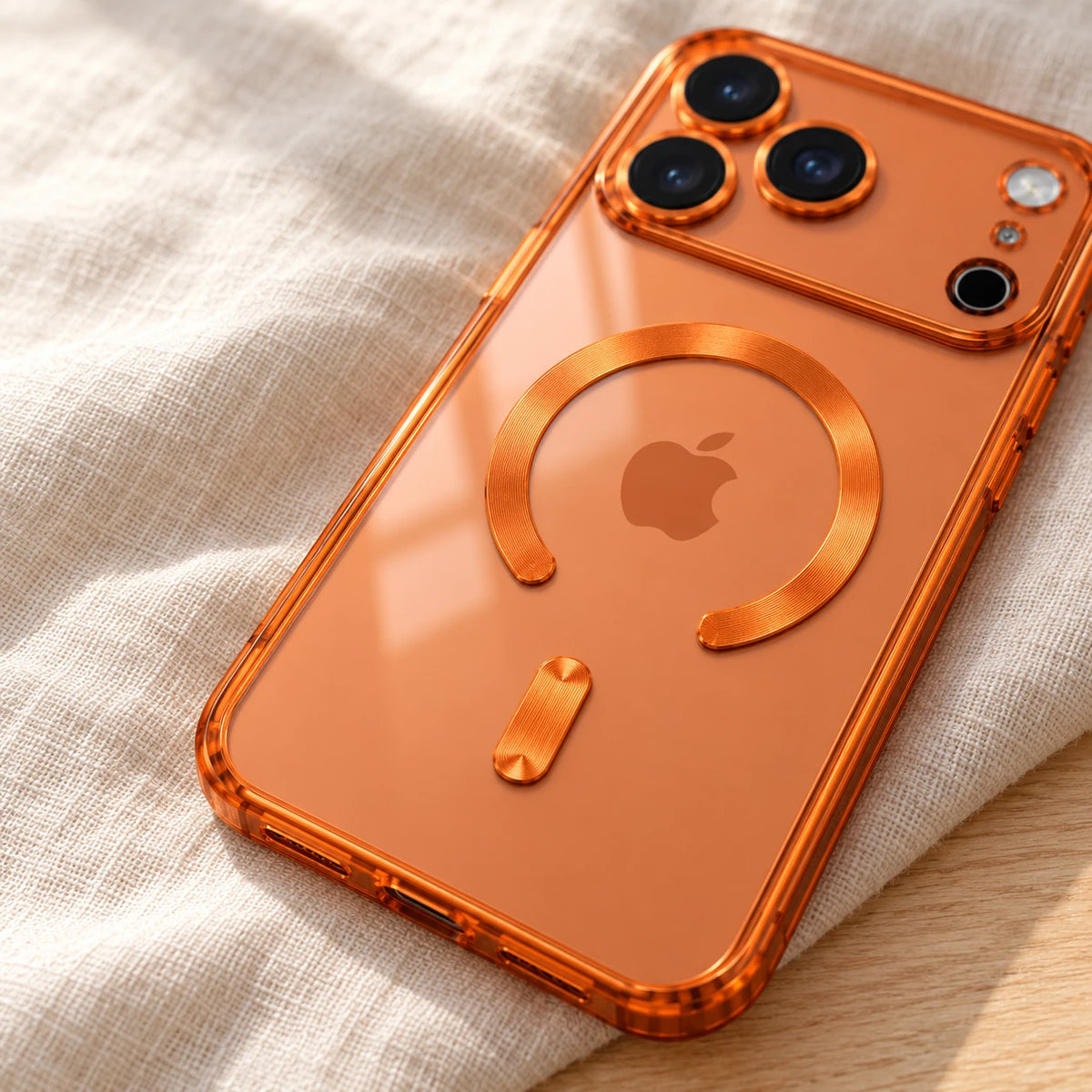 Close-up of the transparent orange case back, fixed magnetic ring and alignment strip.