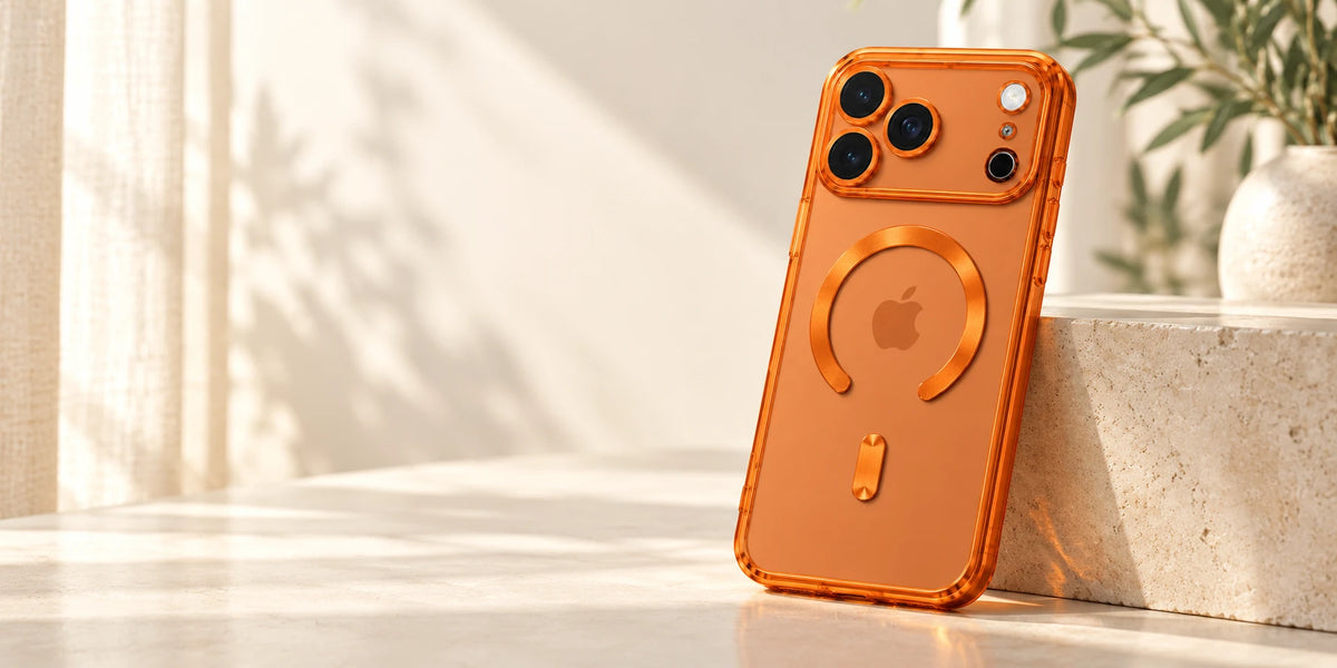 Transparent orange phone case showing the phone back and fixed magnetic ring.