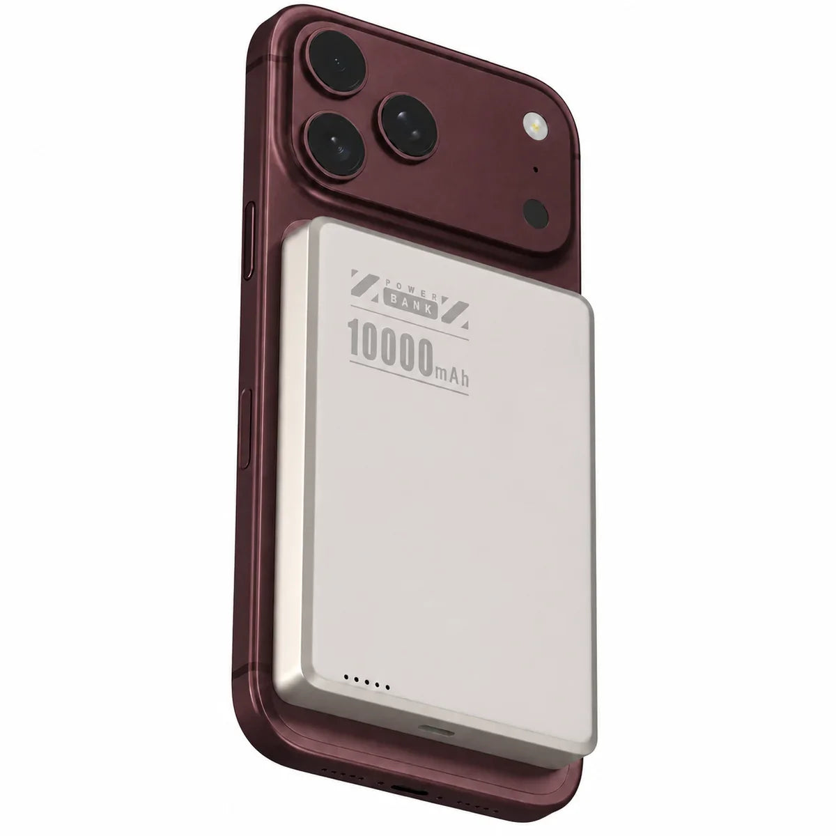 Titanium Stone Gray slim magnetic power bank on a Burgundy phone with a larger battery. #color_Titanium Stone Gray