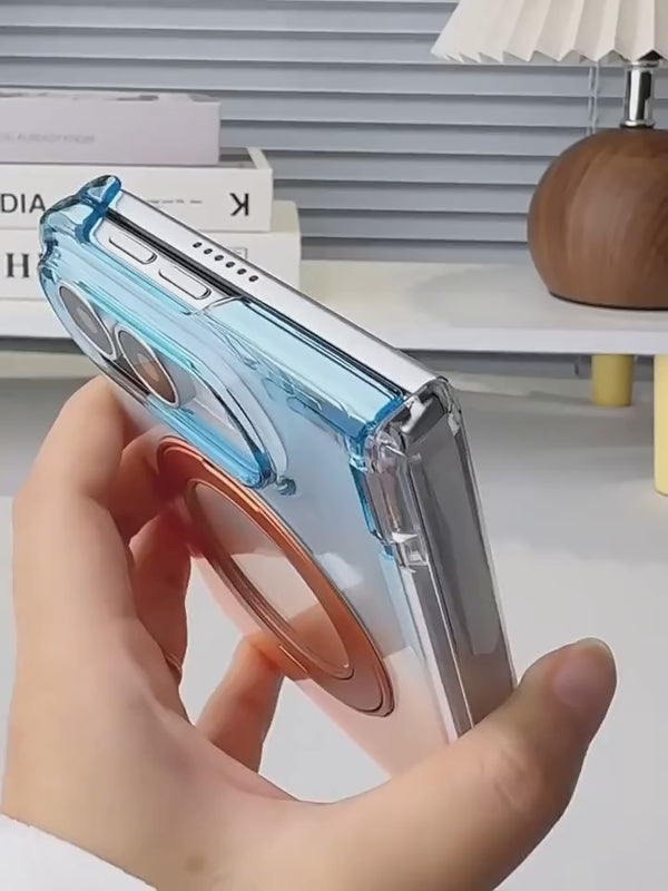 A hand turns a blue-to-orange gradient folding phone case to show its side profile, raised camera surround and ring.