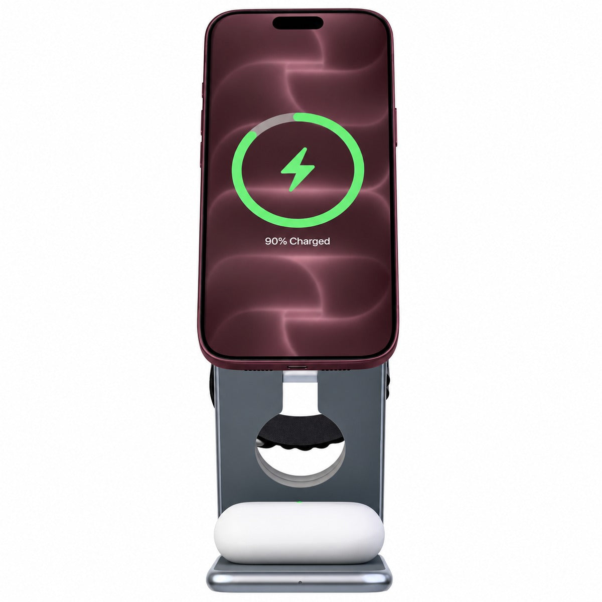 Wireless charging station for Burgundy iPhone, Apple Watch and AirPods.