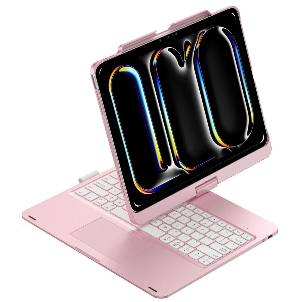 Rose Pink rotating tablet keyboard case shown from a product angle #color_Rose Pink