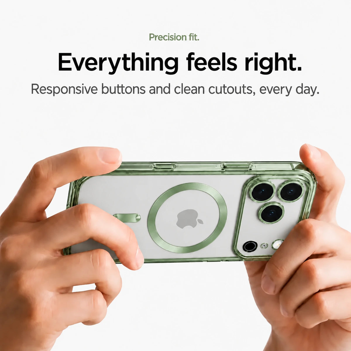 Sage green tinted magnetic phone case held horizontally in two hands #color_Sage Green