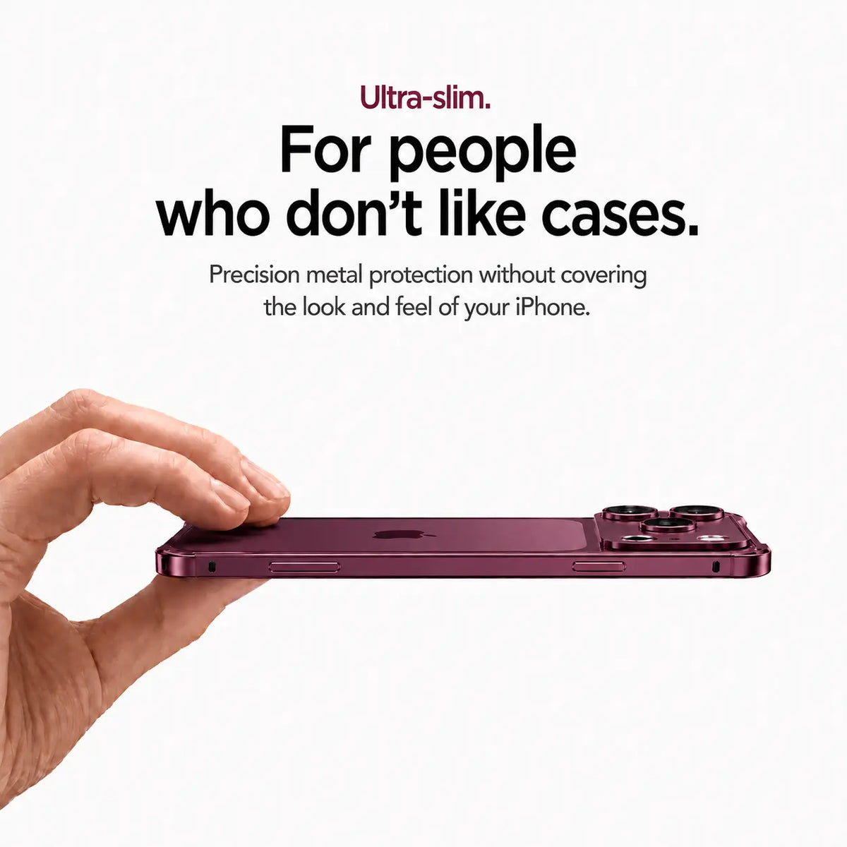 Burgundy aluminum bumper phone case held flat to show its slim side profile #color_Burgundy