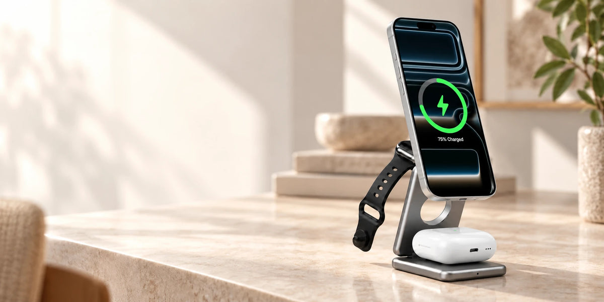 Silver folding wireless charging stand holding a phone, smartwatch and white earbud case.