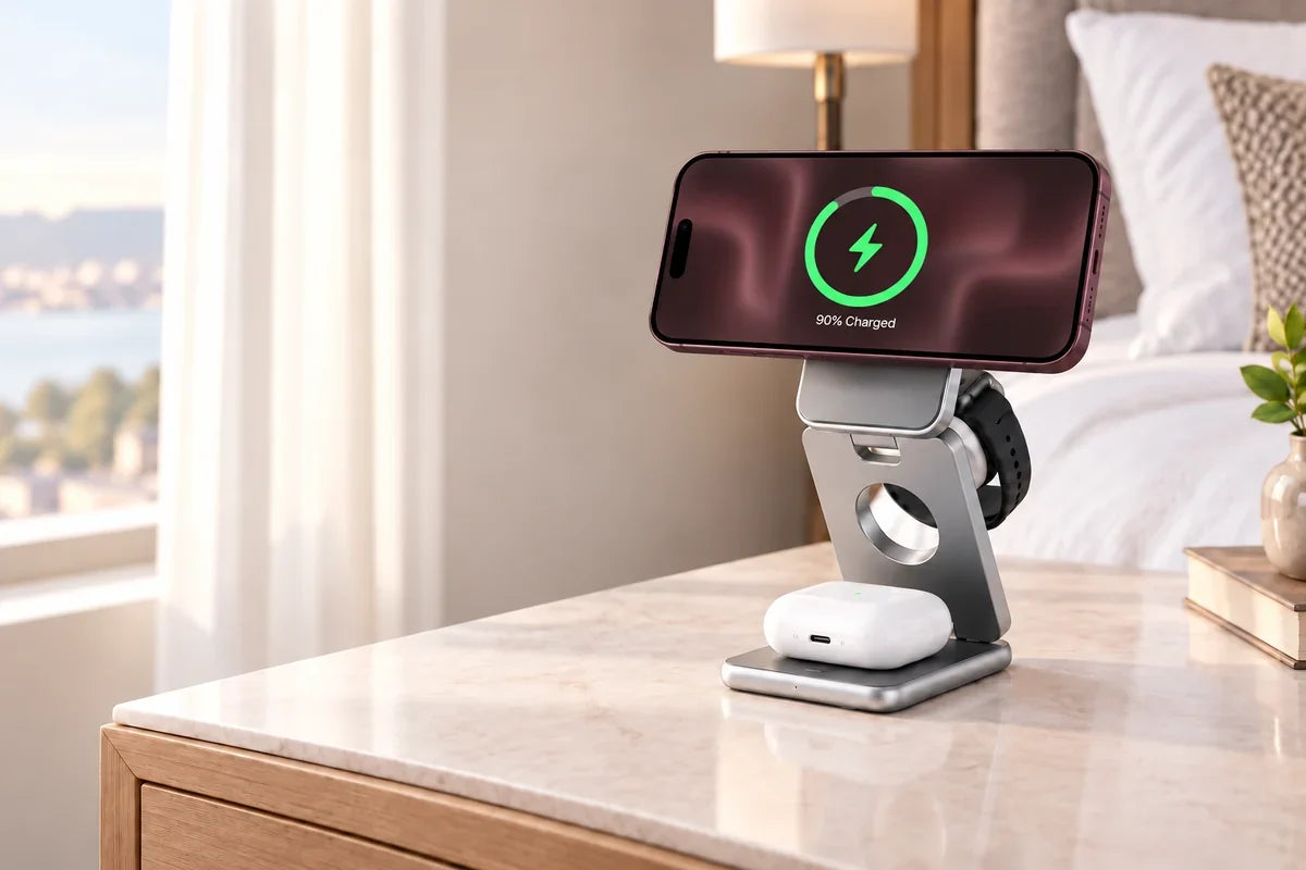 A silver phone charging in landscape on a folding three-device stand beside a bed.