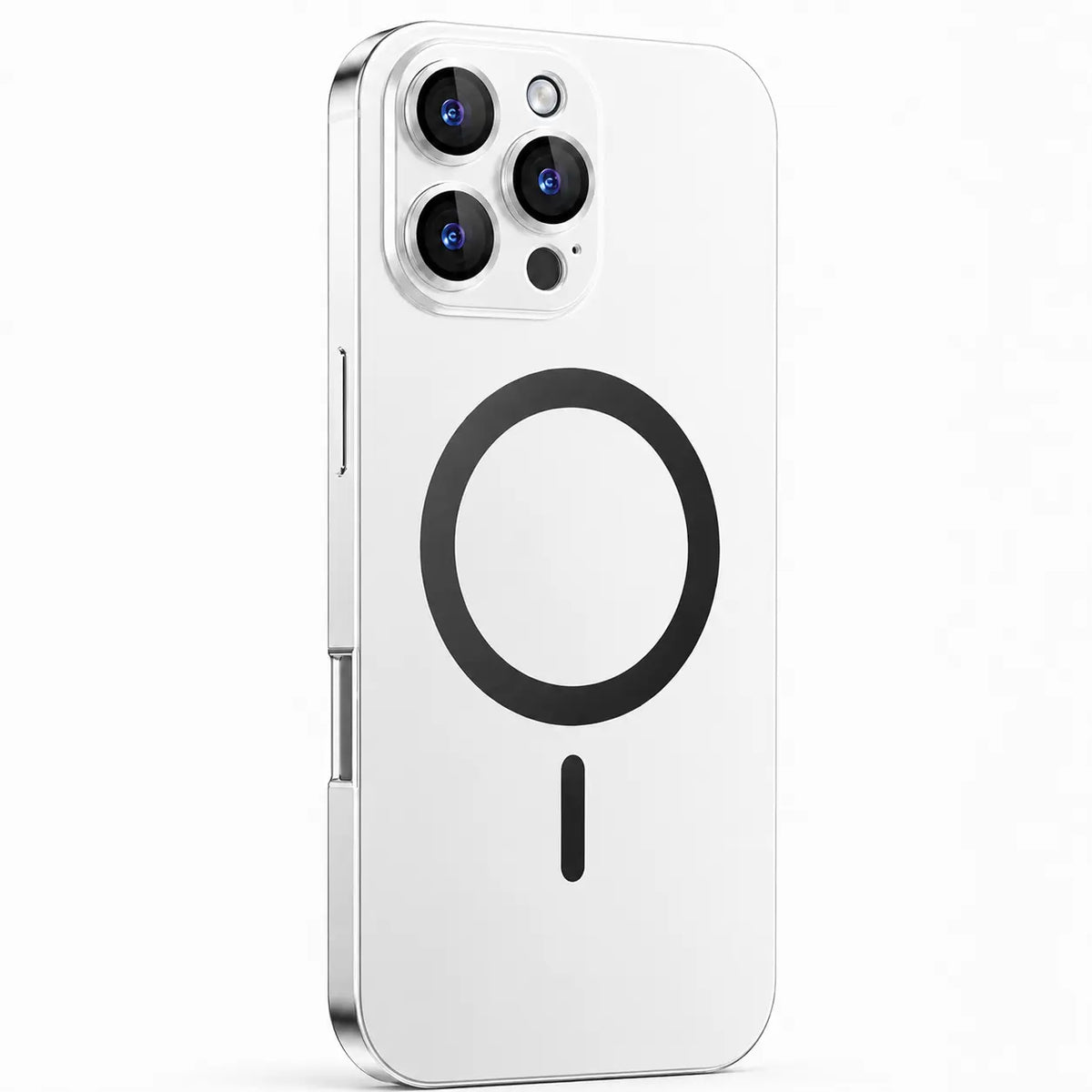 Silver metal magnetic phone case with three camera openings shown from the back on white #color_Titanium Silver