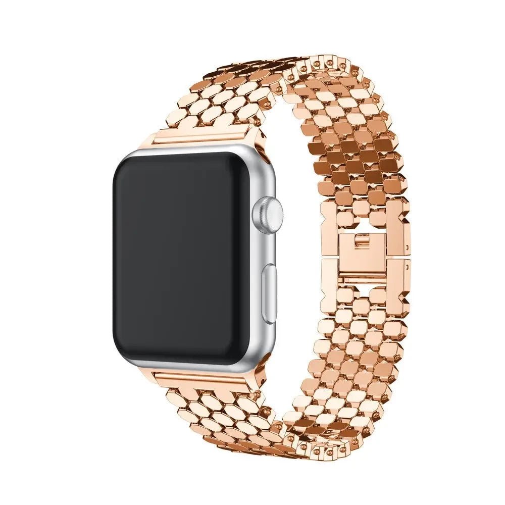 Elegant stainless steel Apple Watch band for women with a polished slim-link design, perfect for formal and casual wear.