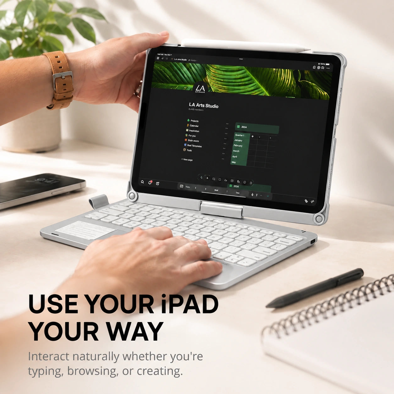 Titanium Silver rotating tablet keyboard case adjusting the tablet position #color_Titanium Silver
