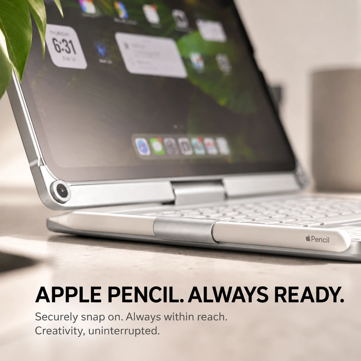 Titanium Silver rotating tablet keyboard case with attached stylus #color_Titanium Silver